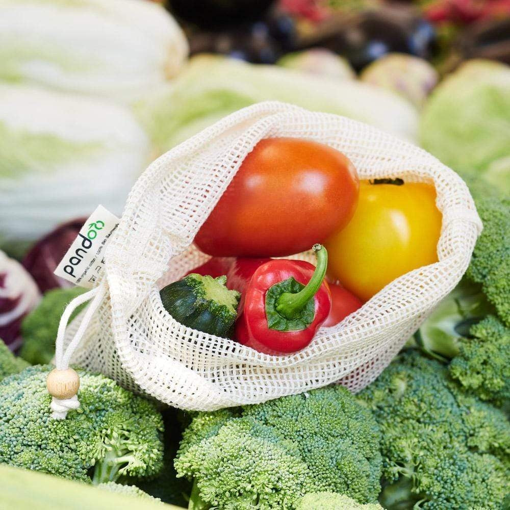 Saco em malha de algodão orgânico para fruta, legumes e pão conjunto 7 un.