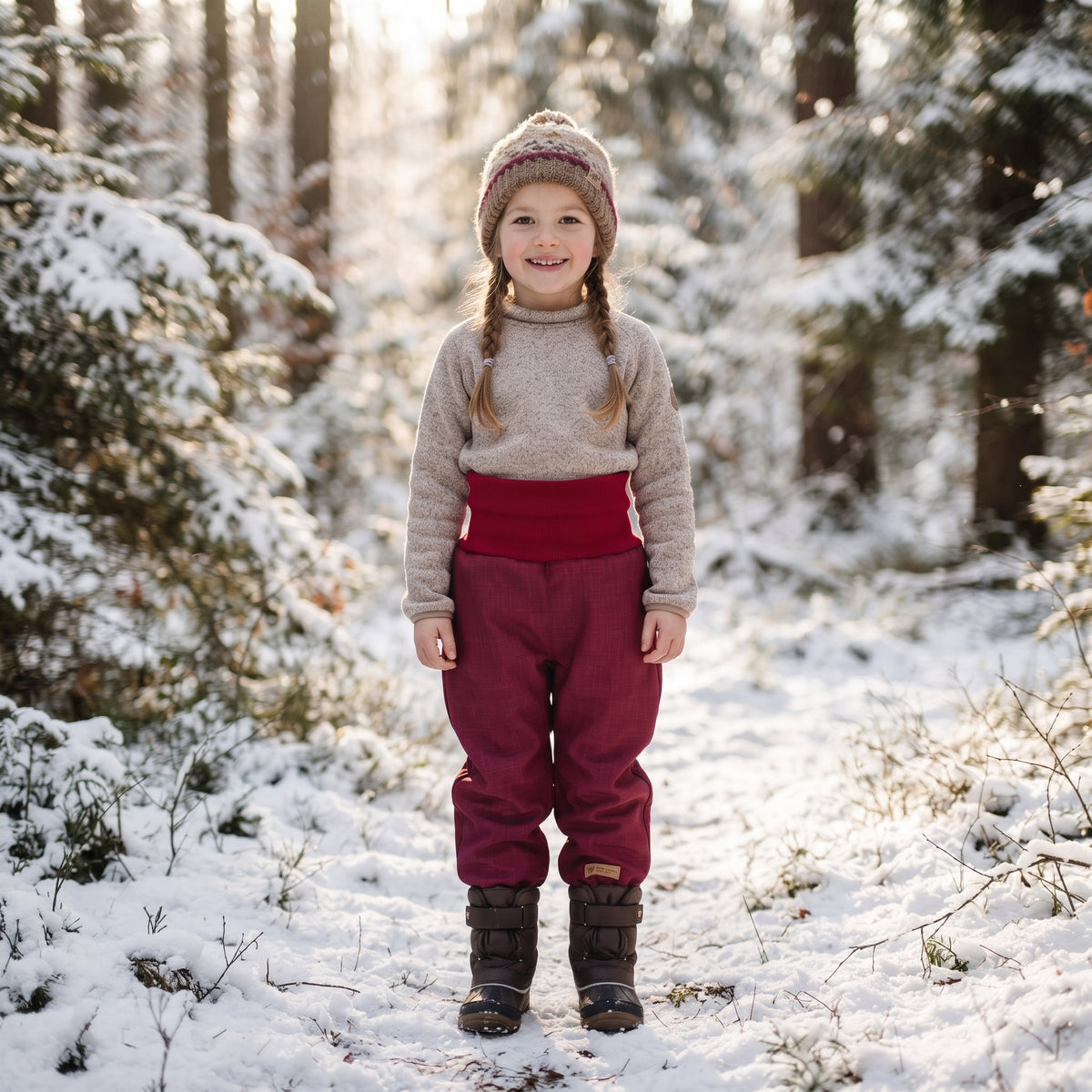 Calças de softshell de inverno de crescimento para criança com lã de carneiro Monkey Mum® - Capuchinho vermelho bordeaux