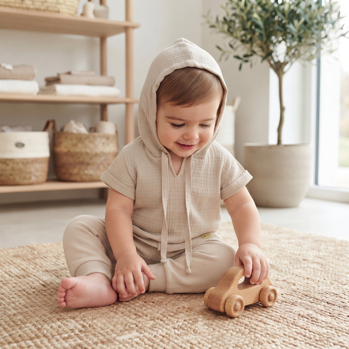 Camisola com capuz de musselina Monkey Mum® - Bege