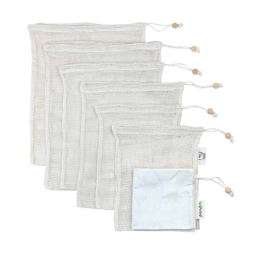 Saco em malha de algodão orgânico para fruta, legumes e pão conjunto 7 un.