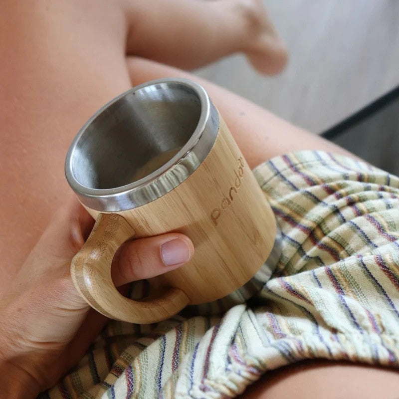 Caneca de aço inoxidável de parede dupla para café e chá com superfície de bambu, 280 ml