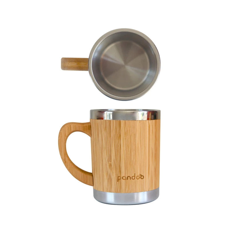 Caneca de aço inoxidável de parede dupla para café e chá com superfície de bambu, 280 ml