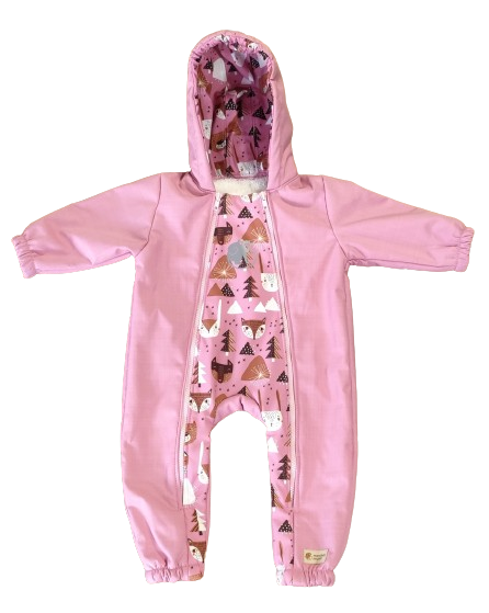 Monkey Mum® Fato-macaco infantil de inverno em softshell com forro de borrego - Ovelhinha cor-de-rosa na floresta - tam. 62/68, 74/80