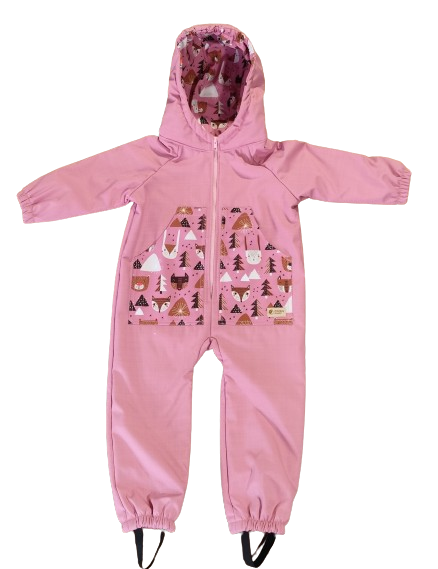 Monkey Mum® Fato-macaco infantil de inverno em softshell com forro de borrego - Ovelhinha cor-de-rosa na floresta - tam. 98/104, 110/116
