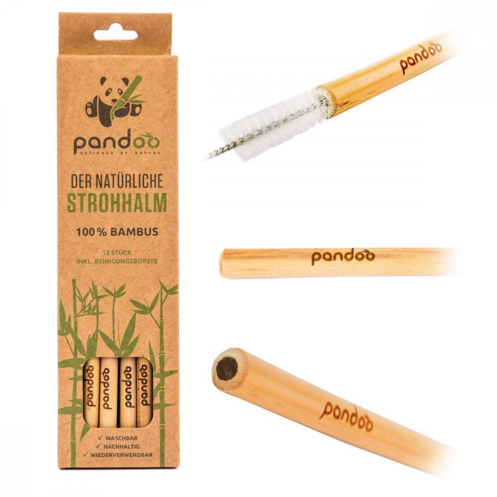 Canudo longo de bambu com escova de limpeza, 12 unidades