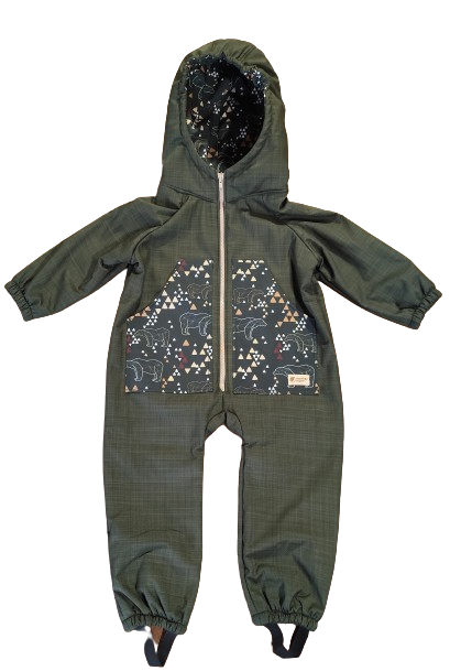 Monkey Mum® Fato-macaco infantil de inverno em softshell com forro de borrego - Pequeno caçador caqui com urso - tam. 98/104, 110/116
