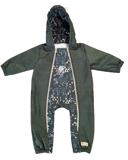 Monkey Mum® Fato-macaco infantil de inverno em softshell com forro de borrego - Pequeno caçador caqui com urso - tam.62/68, 74/80