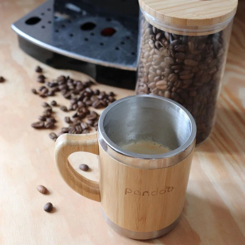 Caneca de aço inoxidável de parede dupla para café e chá com superfície de bambu, 280 ml