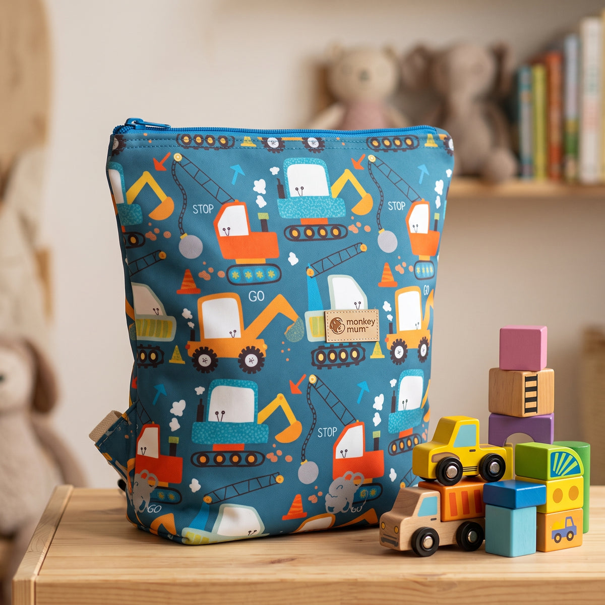 Mochila infantil softshell Monkey Mum® - Obras em construção divertidas
