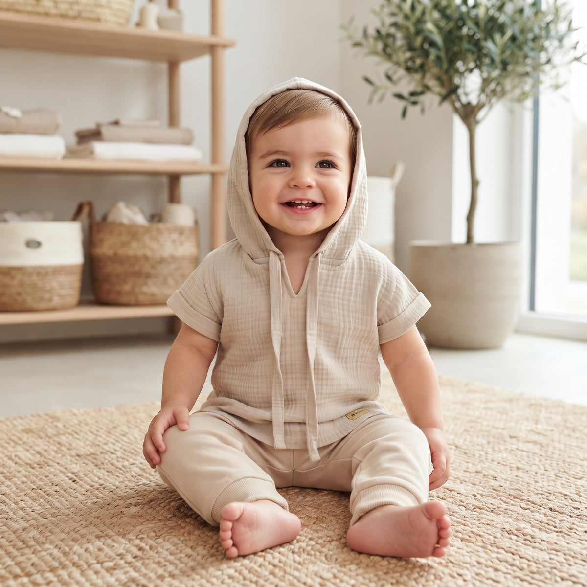 Camisola com capuz de musselina Monkey Mum® - Bege