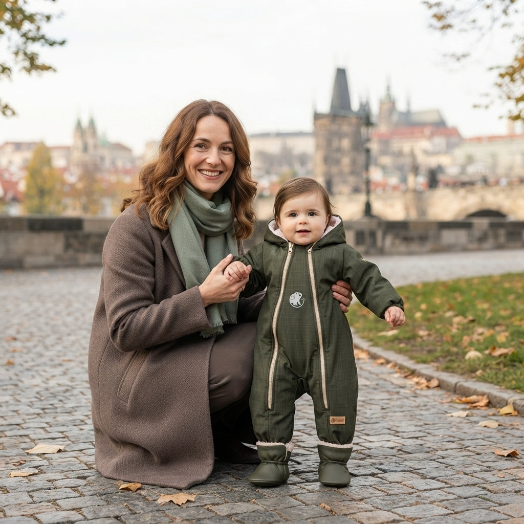 Monkey Mum® Macacão de inverno de softshell para criança com lã de carneiro - Caçador kaki - tam. 62/68, 74/80