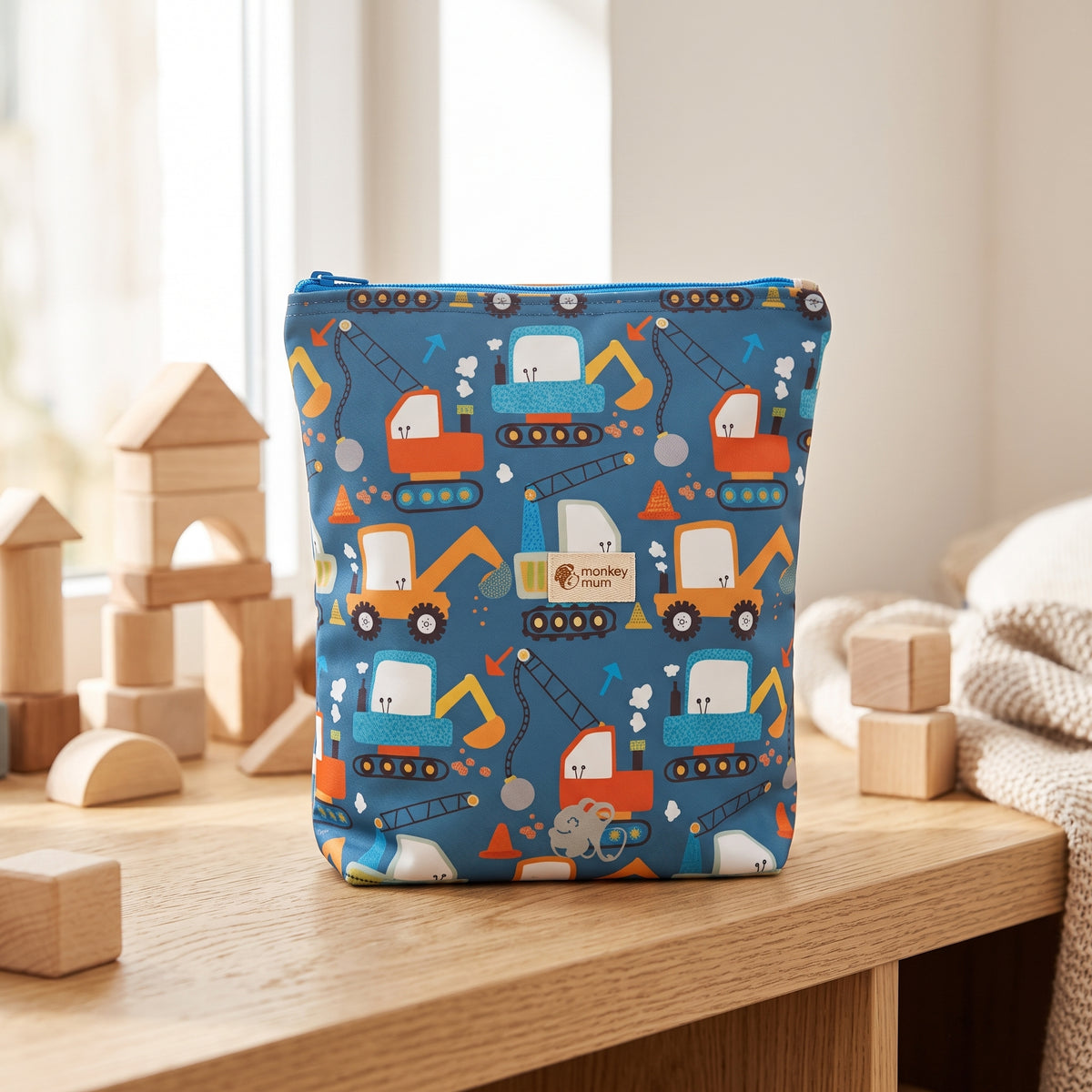 Mochila infantil softshell Monkey Mum® - Obras em construção divertidas