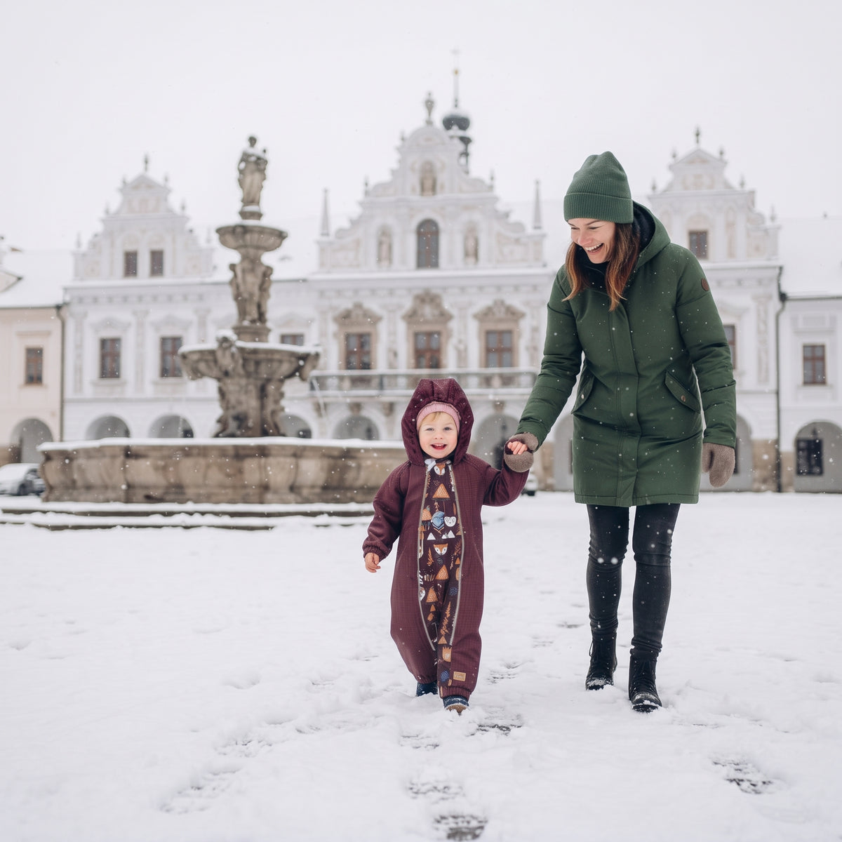 Monkey Mum® Fato-macaco infantil de inverno em softshell com forro de borrego - Capuchinho Vermelho cor de vinho na floresta - tam. 62/68, 74/80