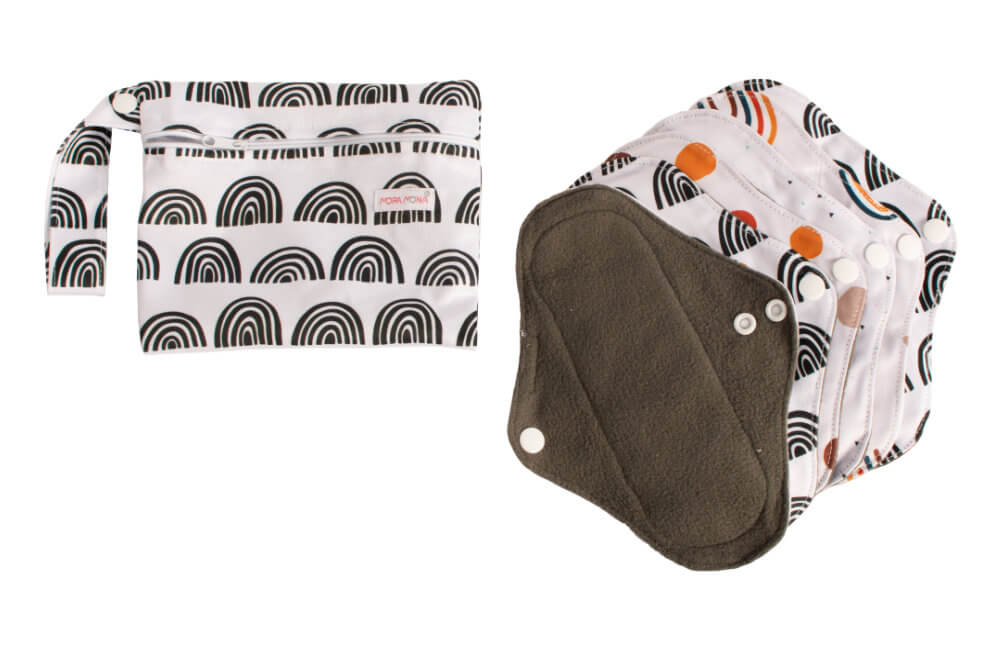 Pensos menstruais de pano com molas - conjunto de 6 un. - Arco-íris a preto e branco