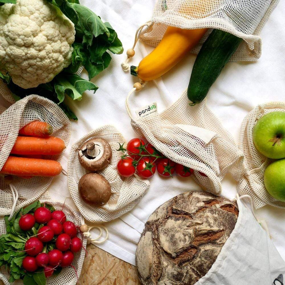 Saco em malha de algodão orgânico para fruta, legumes e pão conjunto 7 un.