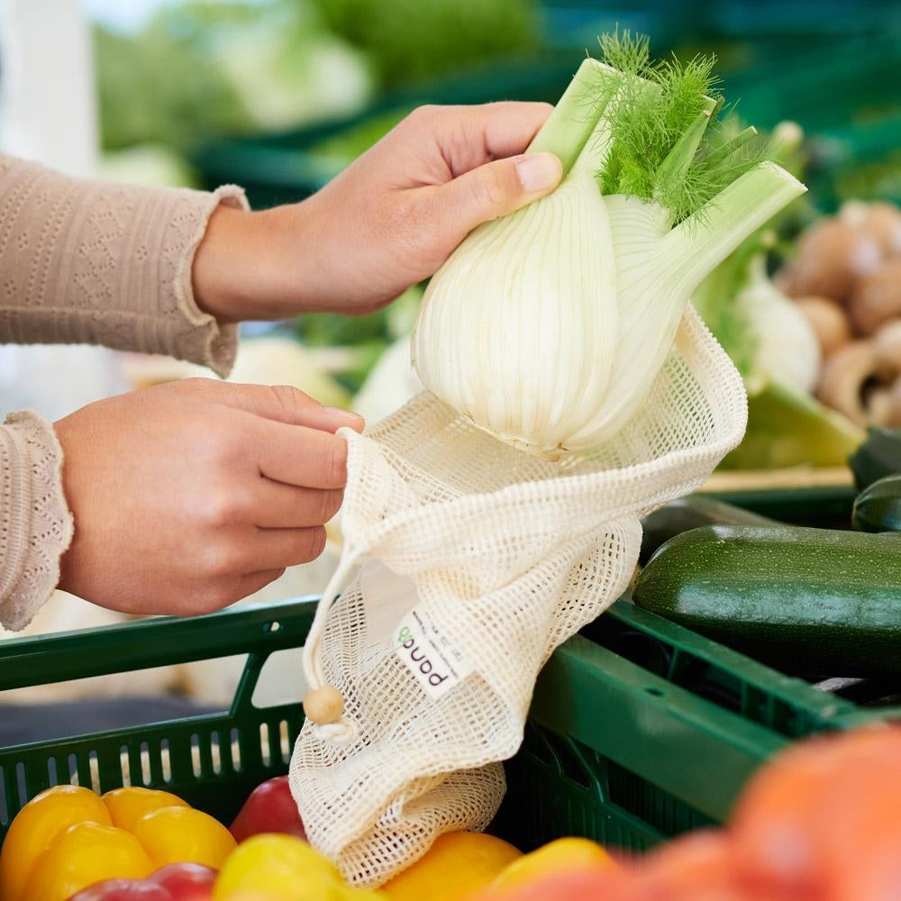 Saco em malha de algodão orgânico para fruta, legumes e pão conjunto 7 un.