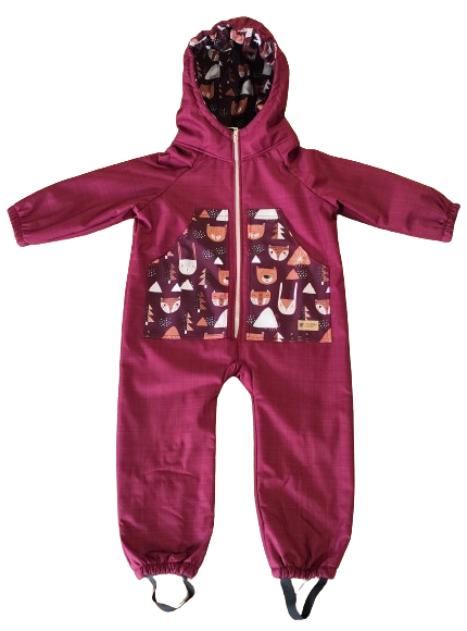 Monkey Mum® Fato-macaco infantil de inverno em softshell com forro de borrego - Capuchinho Vermelho cor de vinho na floresta - tam. 98/104, 110/116