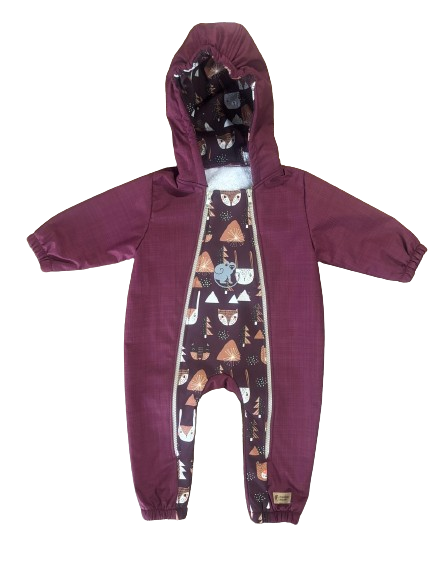 Monkey Mum® Fato-macaco infantil de inverno em softshell com forro de borrego - Capuchinho Vermelho cor de vinho na floresta - tam. 62/68, 74/80