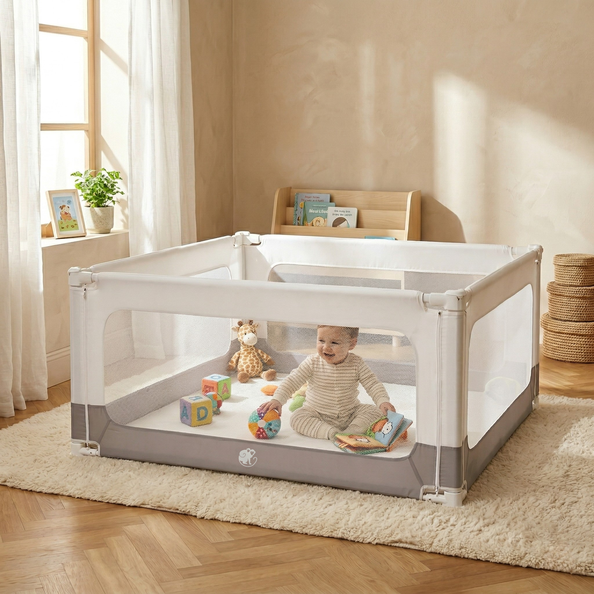Barreira de cama e parque Monkey Mum® 2 em 1 Smart - desembalado